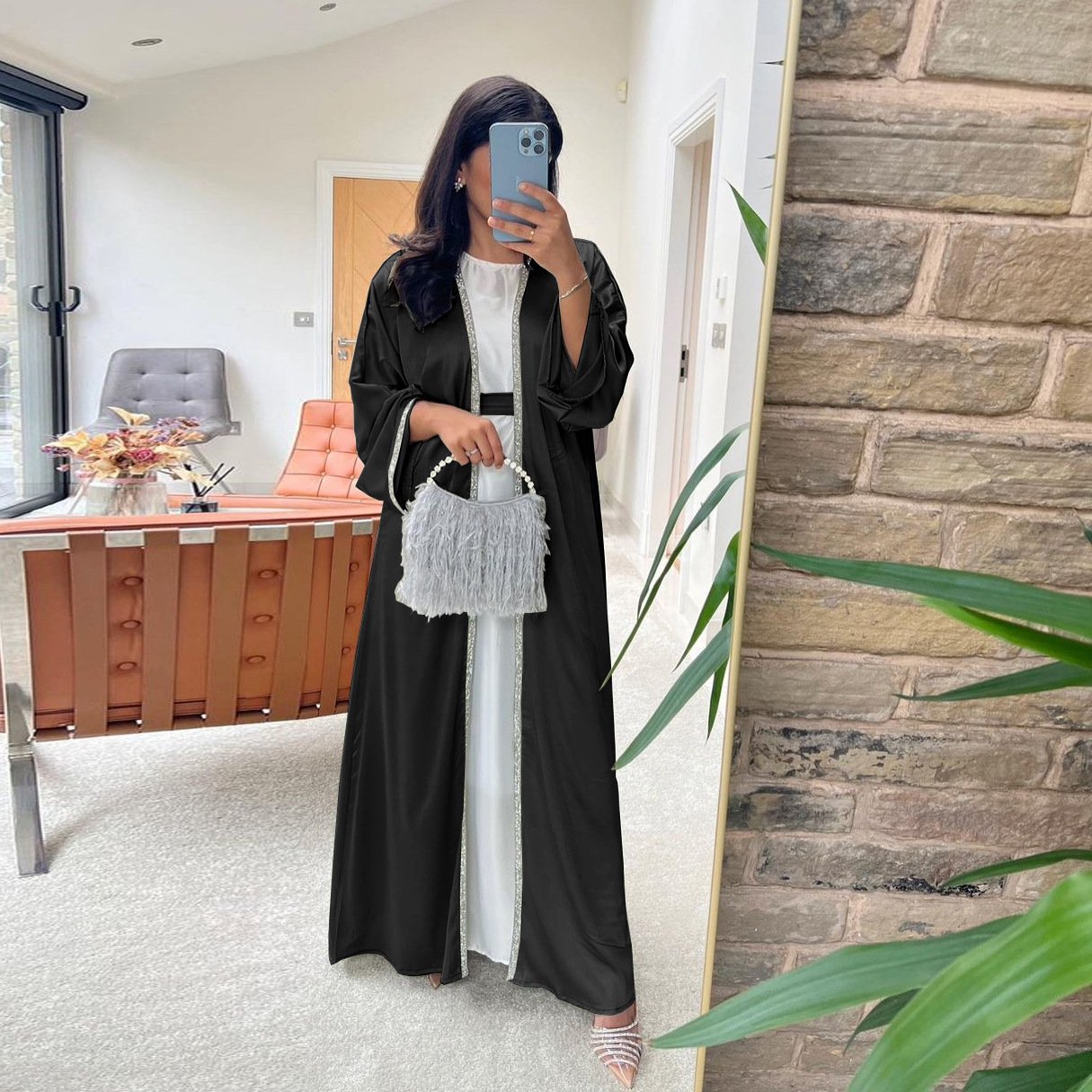 2023 Designs Eid Dubai Islamic Elegant Modest Abaya Women Muslim Dress Inner Slip Dress Abaya Set Diamond Satin Silk Open Abaya