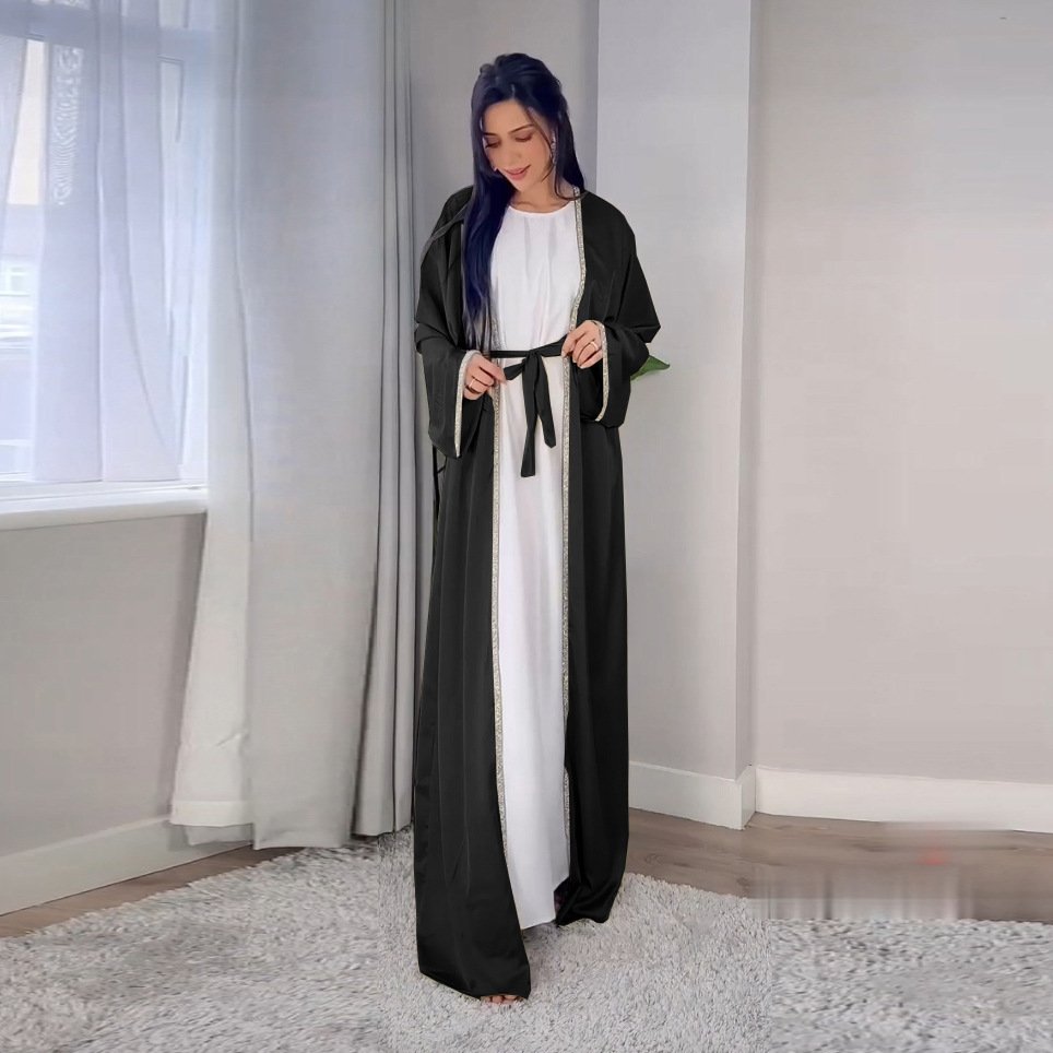 2023 Designs Eid Dubai Islamic Elegant Modest Abaya Women Muslim Dress Inner Slip Dress Abaya Set Diamond Satin Silk Open Abaya