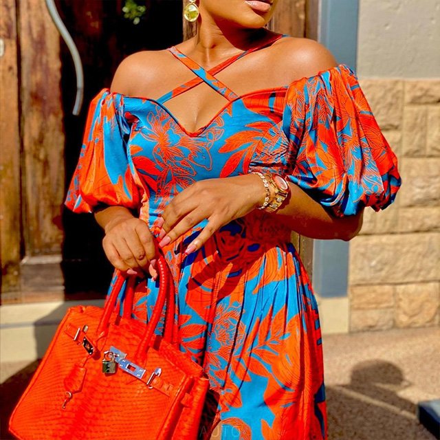 New Spring Summer Women's Casual Plus-Size Dress Print Split Chest Hanging Neck V-Neck dress