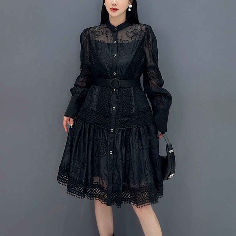 New Women's Dress with Hollow Lace Spliced A-line Belt Midlength Dress Fashionable Elegant Casual Dress
