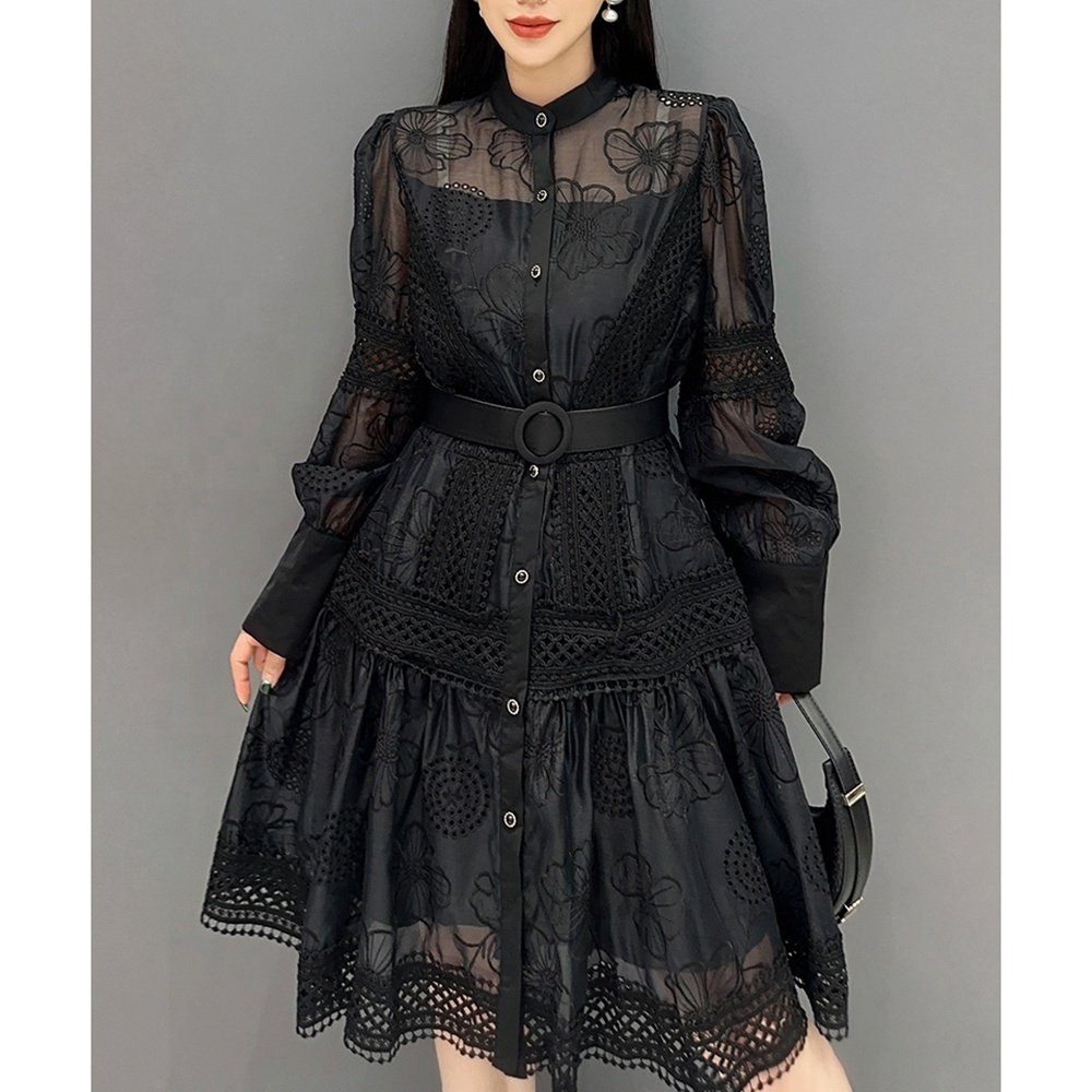 New Women's Dress with Hollow Lace Spliced A-line Belt Midlength Dress Fashionable Elegant Casual Dress