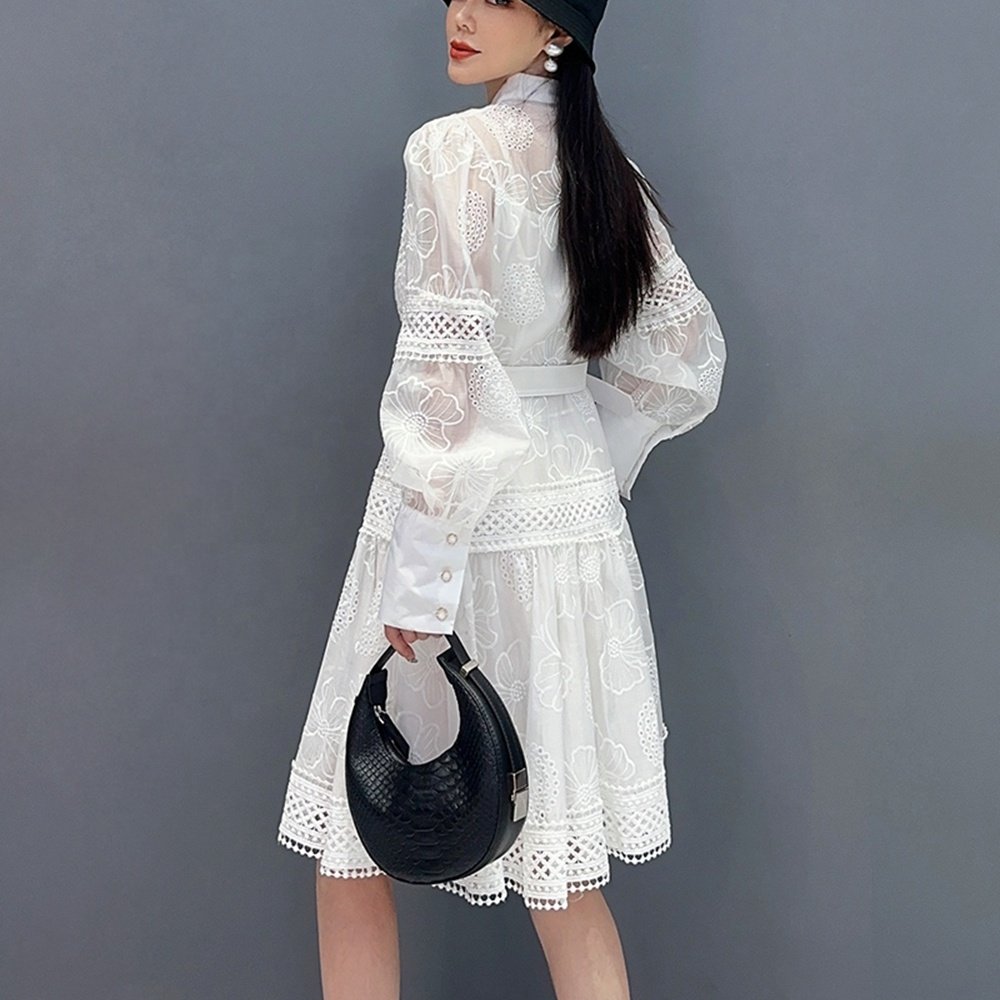 New Women's Dress with Hollow Lace Spliced A-line Belt Midlength Dress Fashionable Elegant Casual Dress