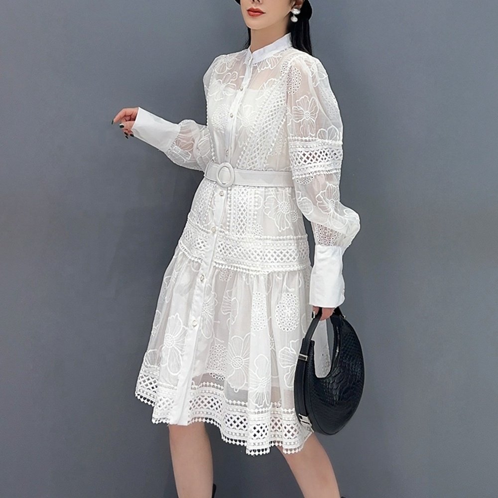 New Women's Dress with Hollow Lace Spliced A-line Belt Midlength Dress Fashionable Elegant Casual Dress