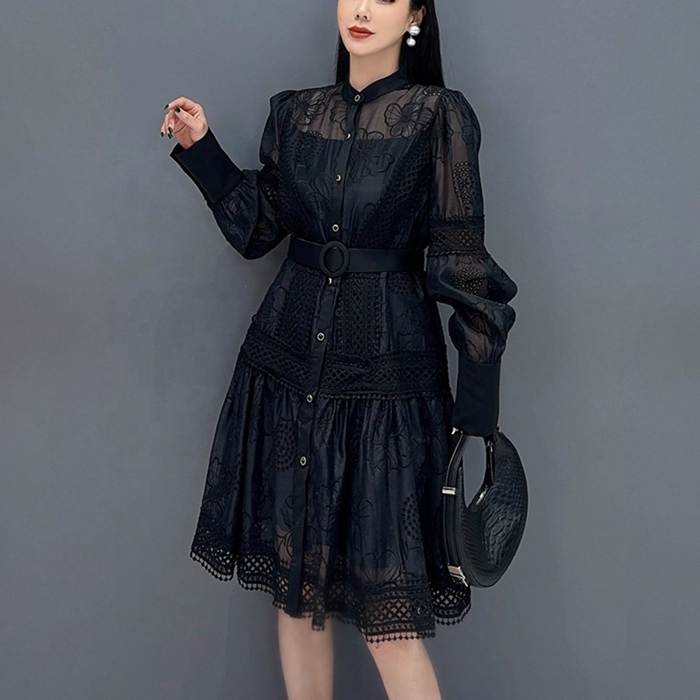 New Women's Dress with Hollow Lace Spliced A-line Belt Midlength Dress Fashionable Elegant Casual Dress
