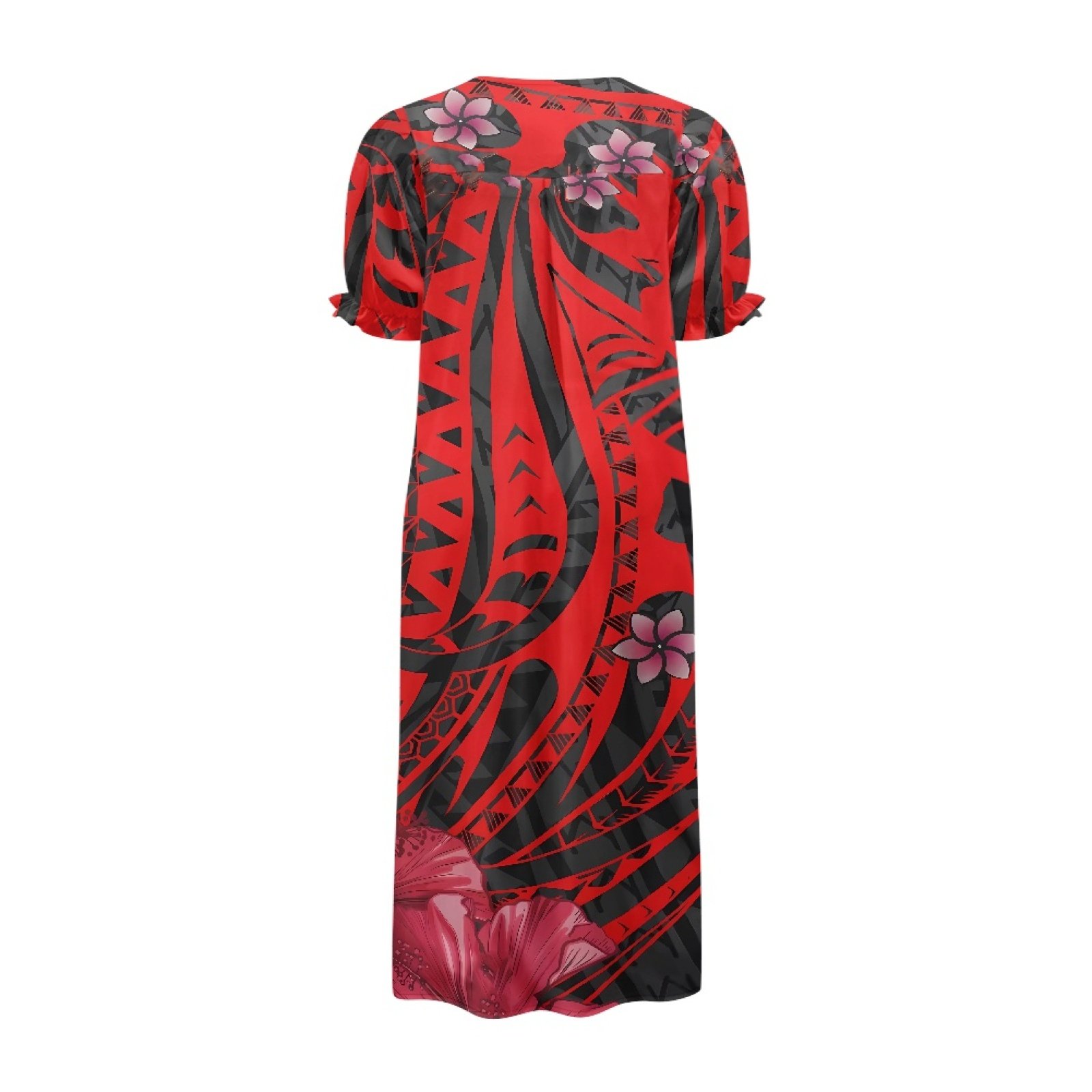 New Design Customized Plumeria Flower Polynesian Design Micronesian Mumu Dress Vintage Square Neck Bubble Sleeve Casual Dresses
