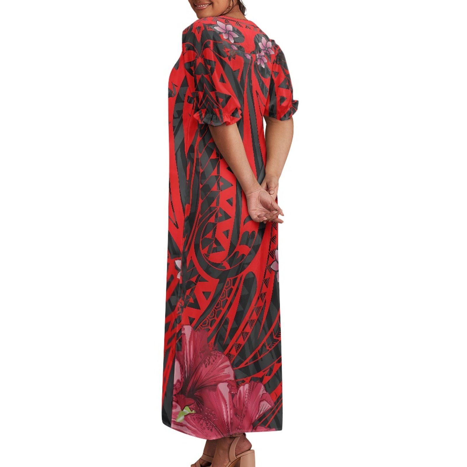 New Design Customized Plumeria Flower Polynesian Design Micronesian Mumu Dress Vintage Square Neck Bubble Sleeve Casual Dresses