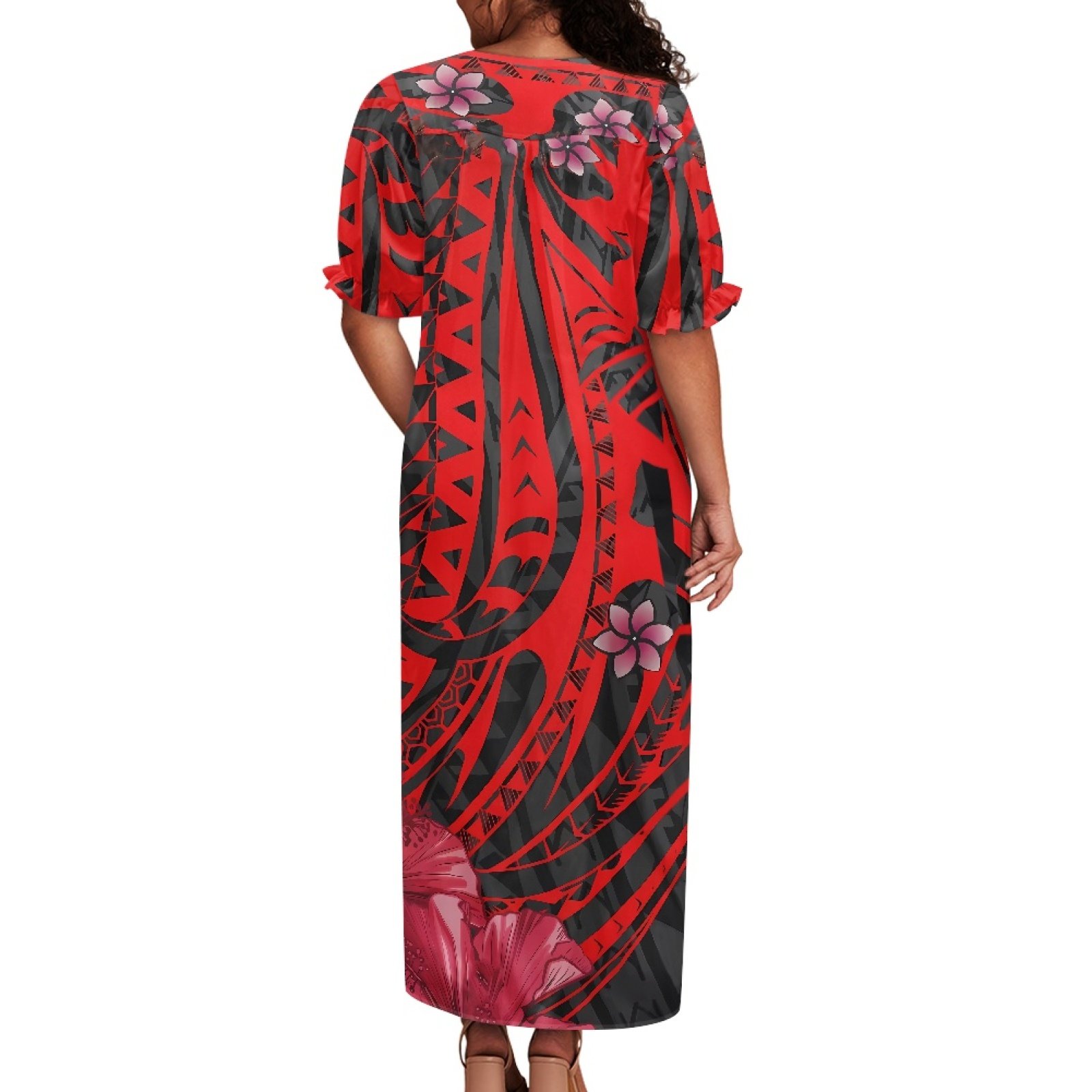 New Design Customized Plumeria Flower Polynesian Design Micronesian Mumu Dress Vintage Square Neck Bubble Sleeve Casual Dresses