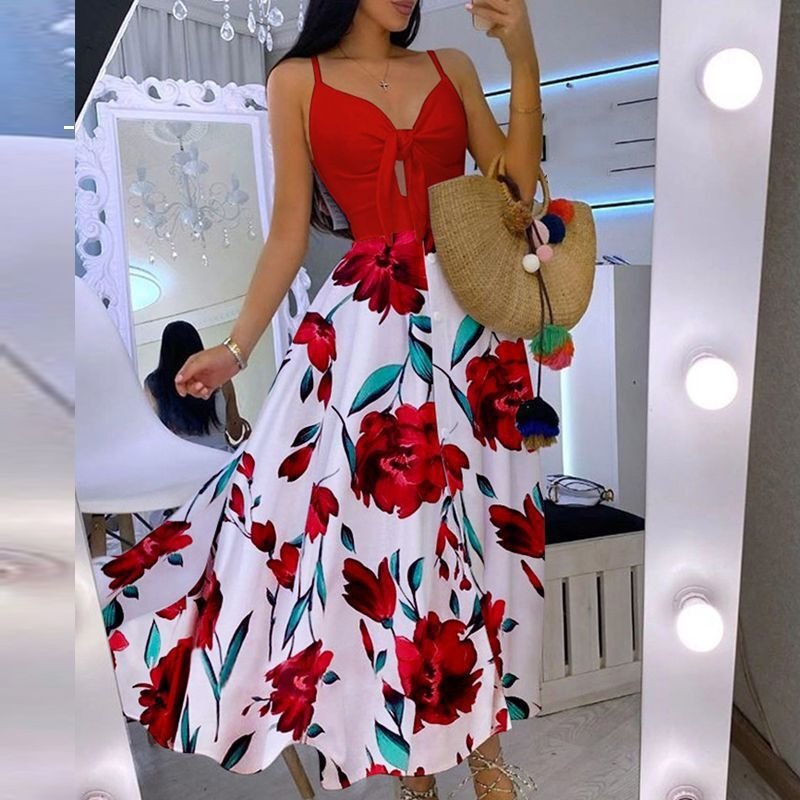 Vintage Sleeveless Long Dresses Casual Breathable Sexy Women Clothes Print Long Dresses