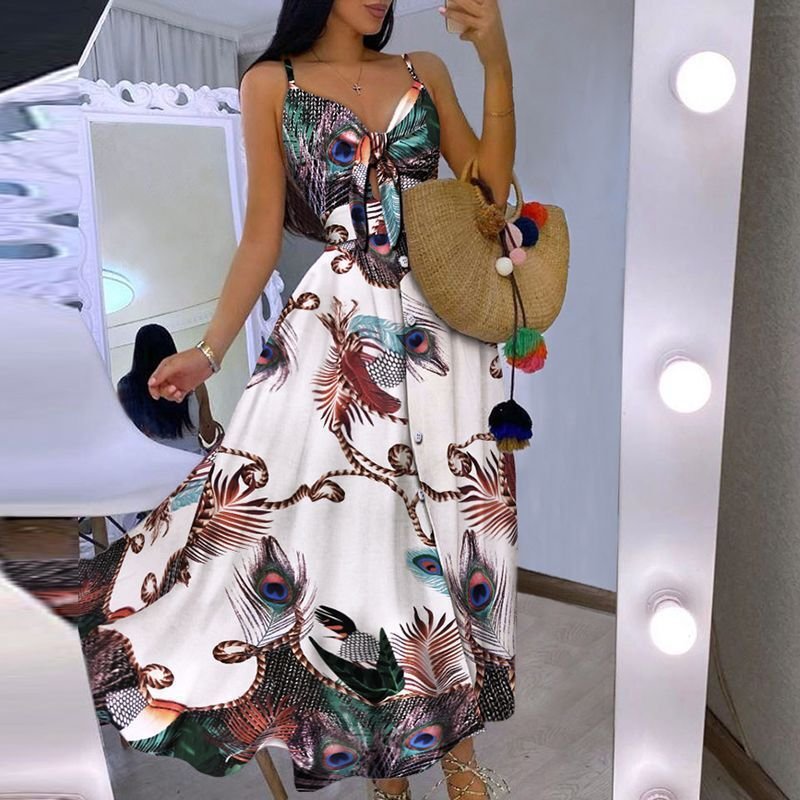 Vintage Sleeveless Long Dresses Casual Breathable Sexy Women Clothes Print Long Dresses