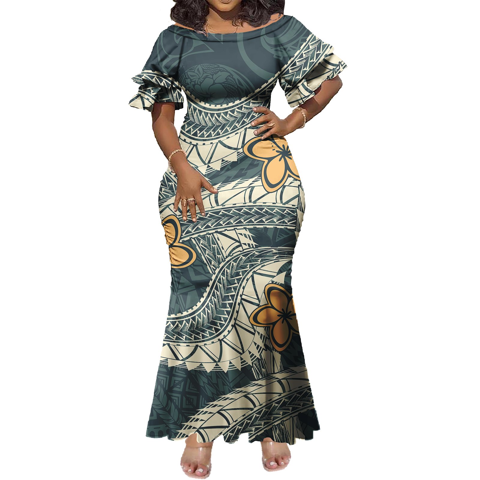 New Design Custom Tapa Pattern Print Polynesian Dresses Women Lady Elegant Big Size Short Sleeve Mermaid Hawaiian Dresses