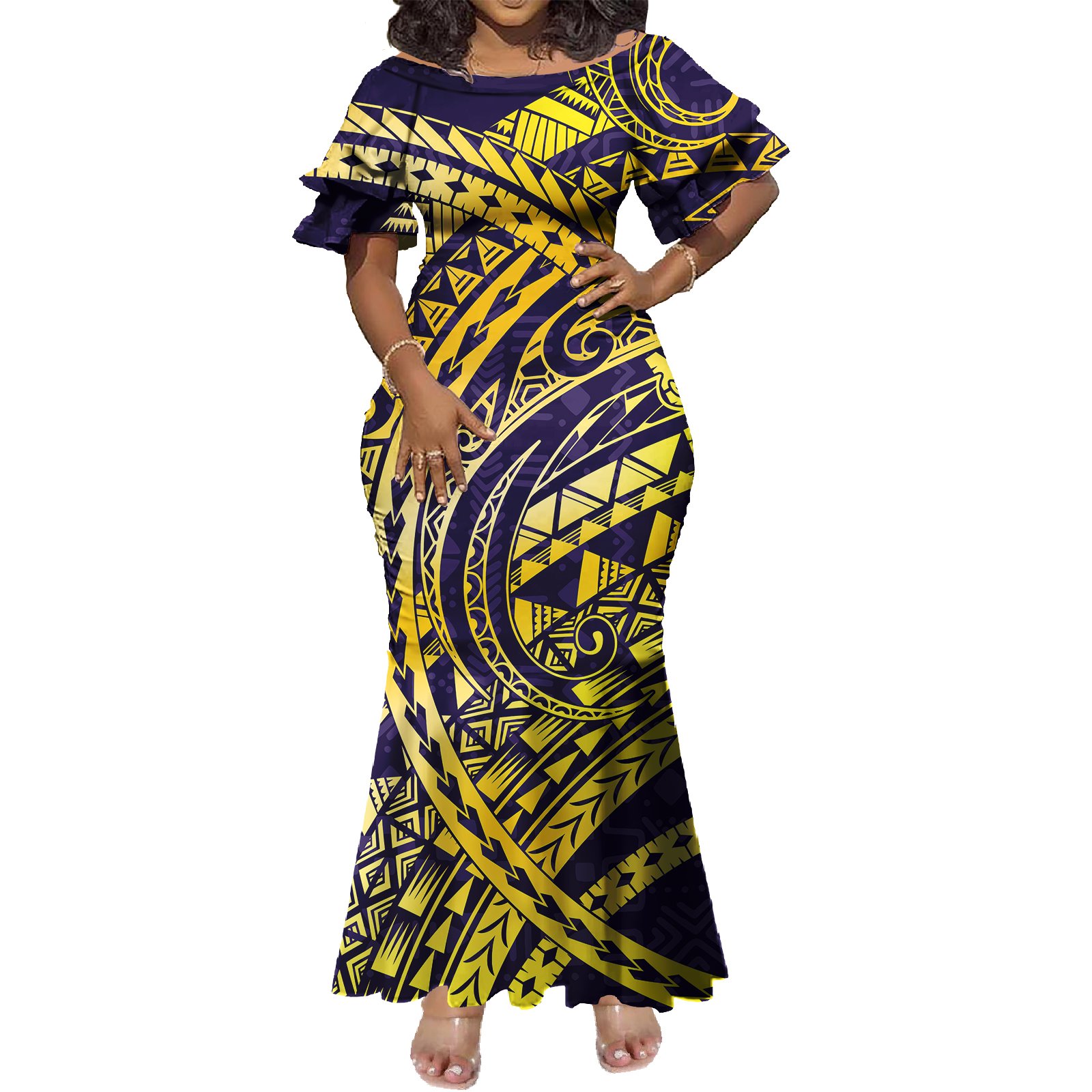New Design Custom Tapa Pattern Print Polynesian Dresses Women Lady Elegant Big Size Short Sleeve Mermaid Hawaiian Dresses