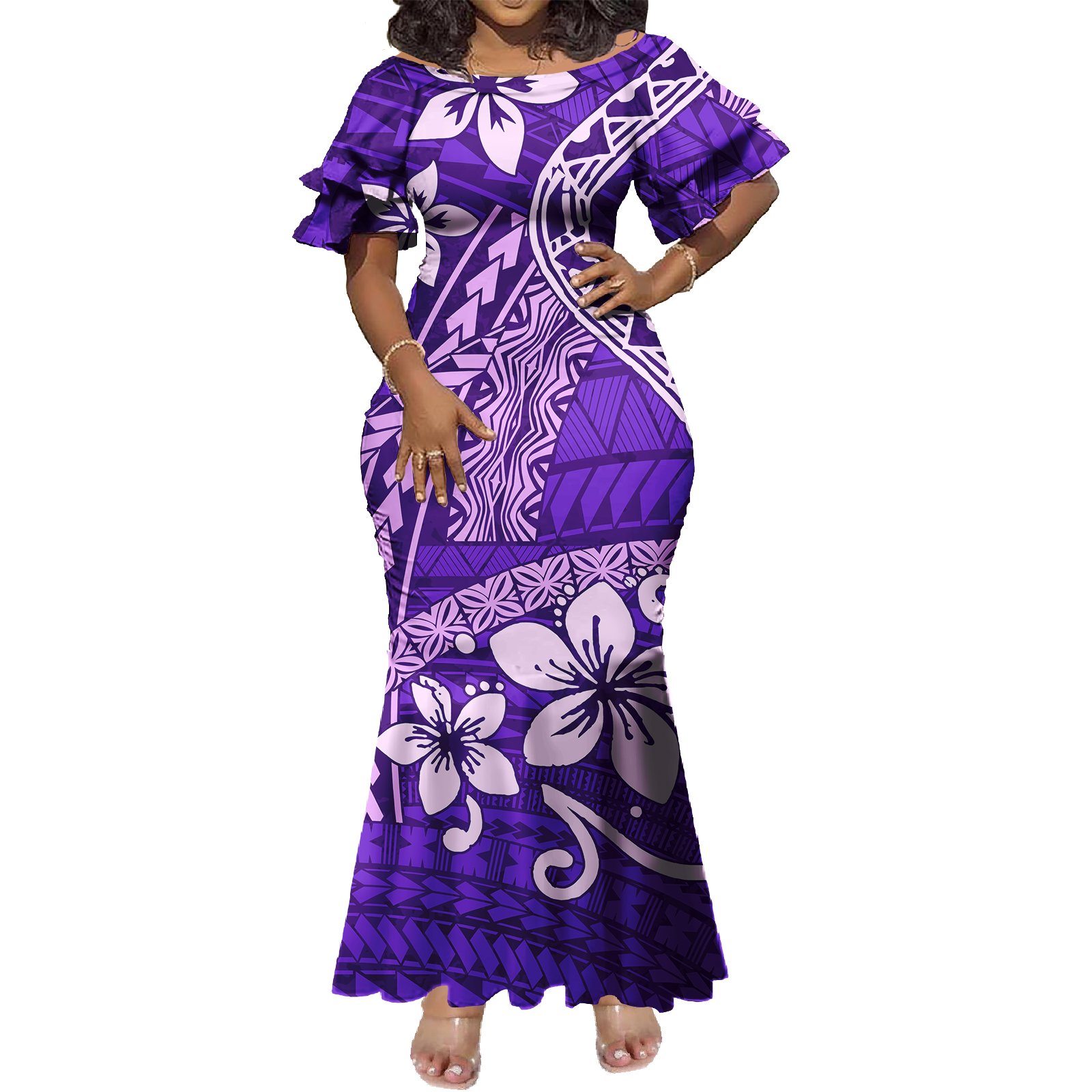 New Design Custom Tapa Pattern Print Polynesian Dresses Women Lady Elegant Big Size Short Sleeve Mermaid Hawaiian Dresses