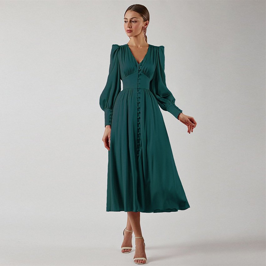 WanBao new satin female design high waist slim lantern sleeve solid women casual dress