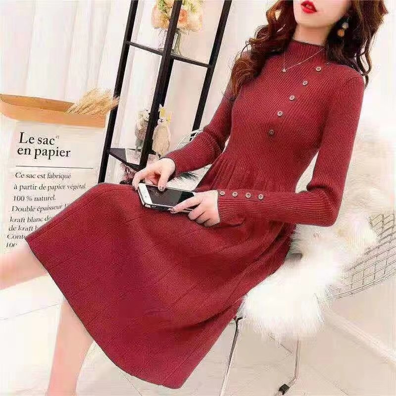 Huachao Fashion Women's Custom Nautical Print Striped Sweater Dress Casual Long Arm Length Dress