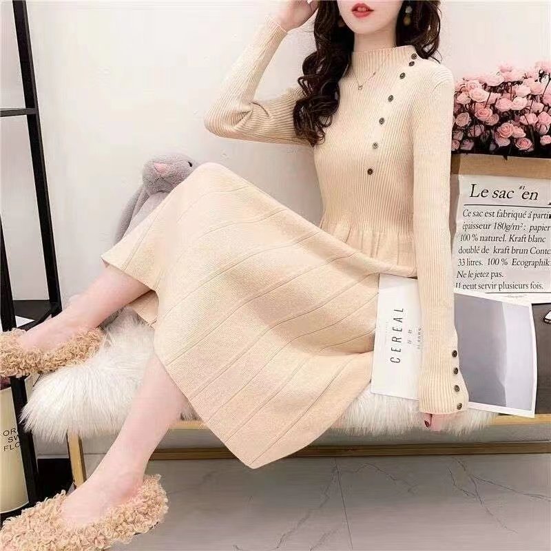 Huachao Fashion Women's Custom Nautical Print Striped Sweater Dress Casual Long Arm Length Dress