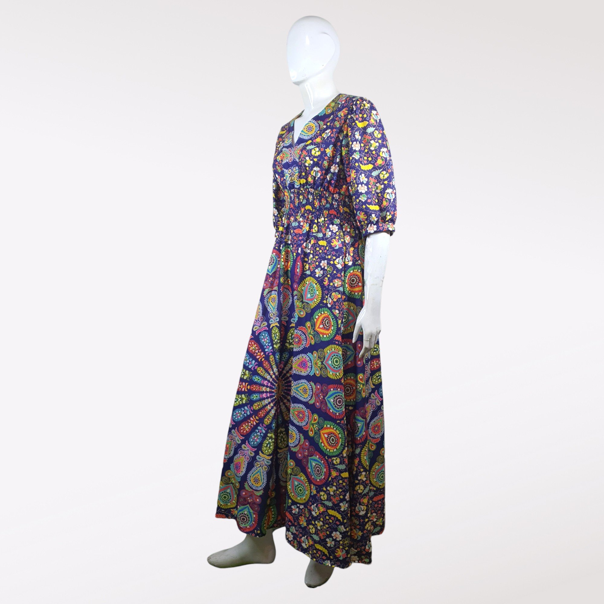Mandala Printed Linen Maxi Dress with Elastic Waist Woven V-neckline full-length dress colorful casual dresses from Thailand