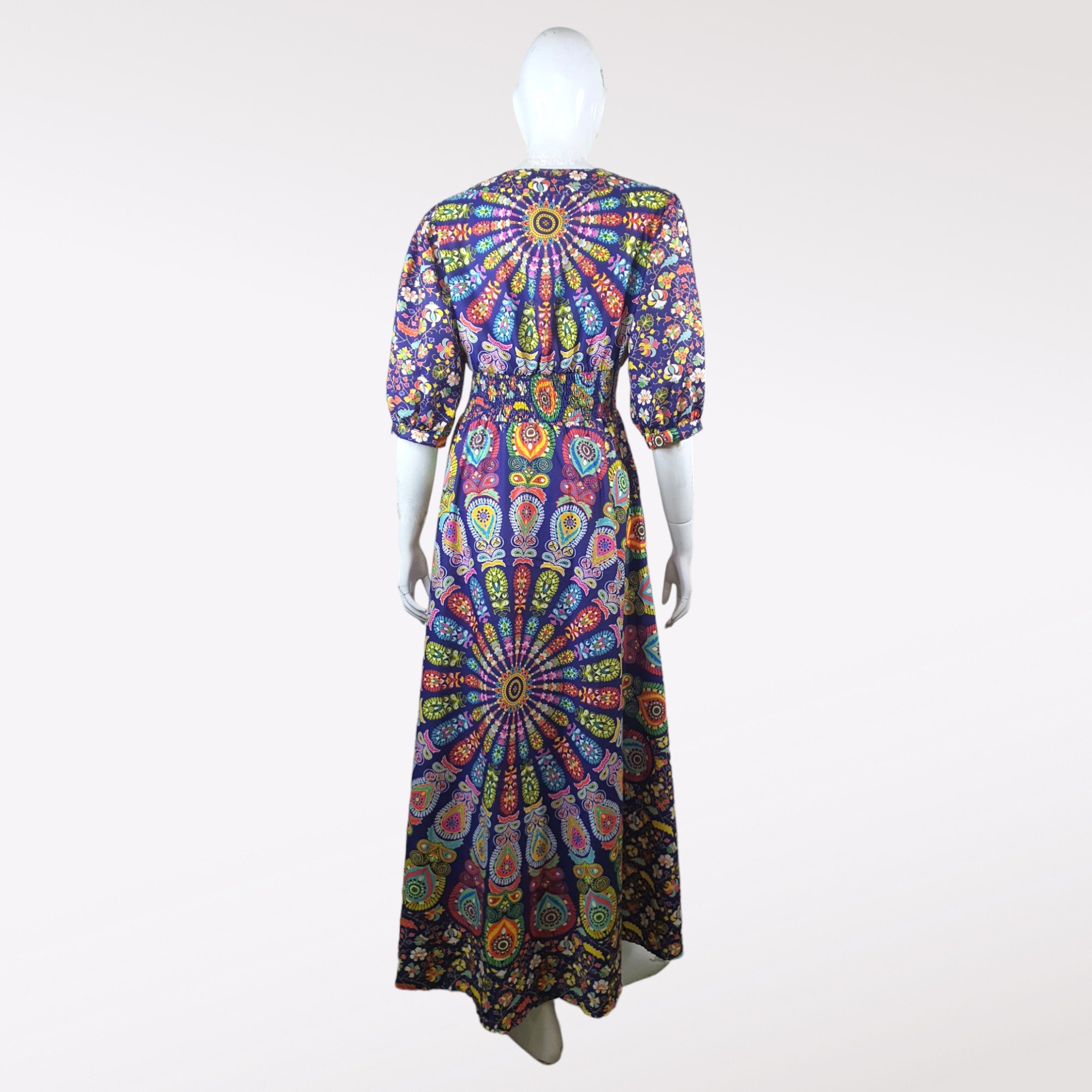Mandala Printed Linen Maxi Dress with Elastic Waist Woven V-neckline full-length dress colorful casual dresses from Thailand