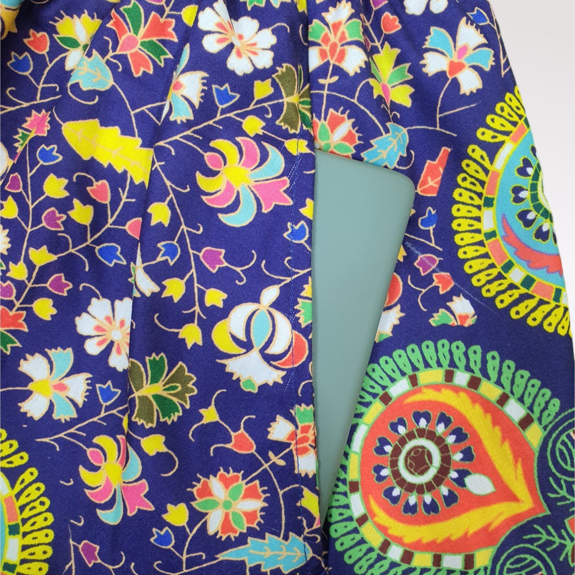 Mandala Printed Linen Maxi Dress with Elastic Waist Woven V-neckline full-length dress colorful casual dresses from Thailand