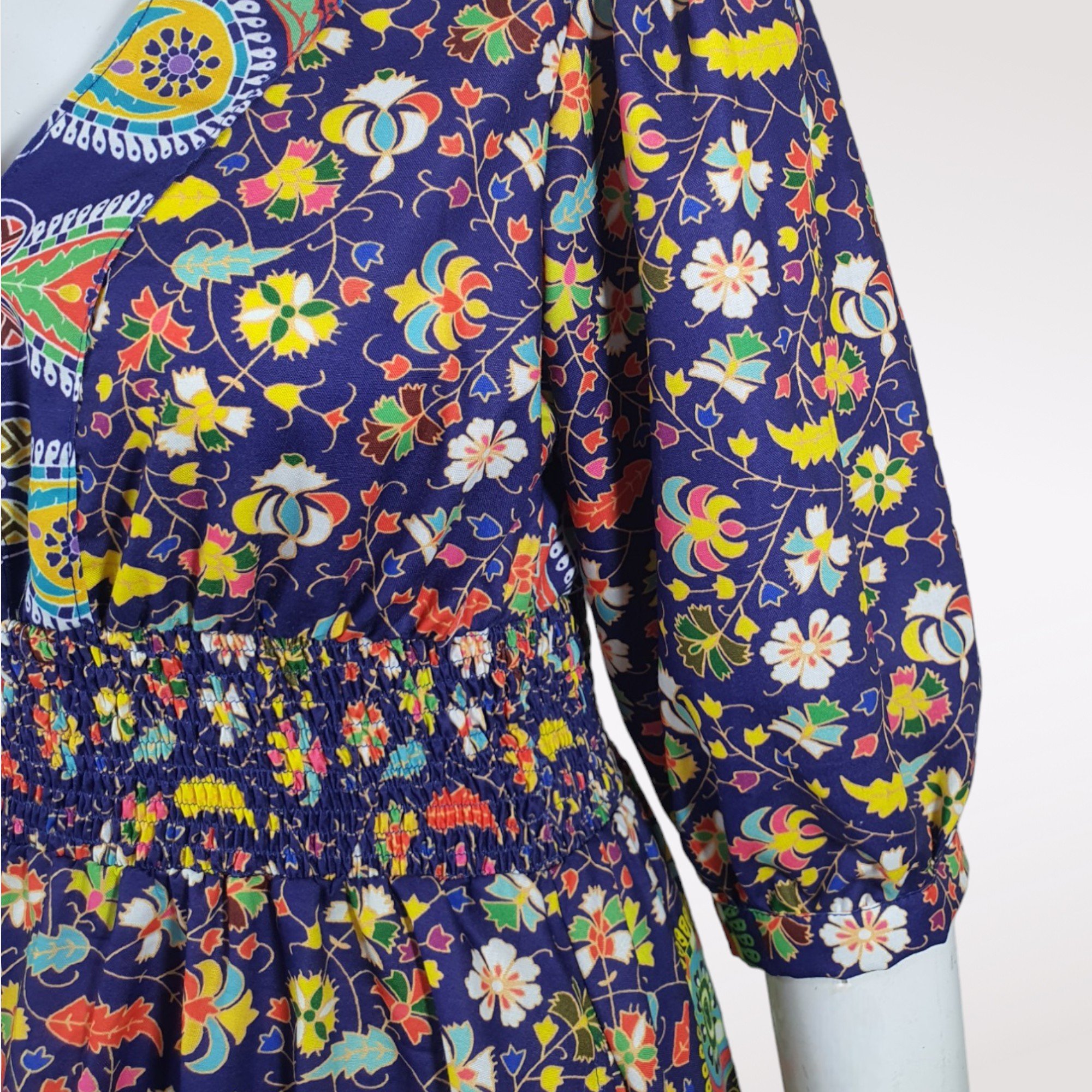 Mandala Printed Linen Maxi Dress with Elastic Waist Woven V-neckline full-length dress colorful casual dresses from Thailand