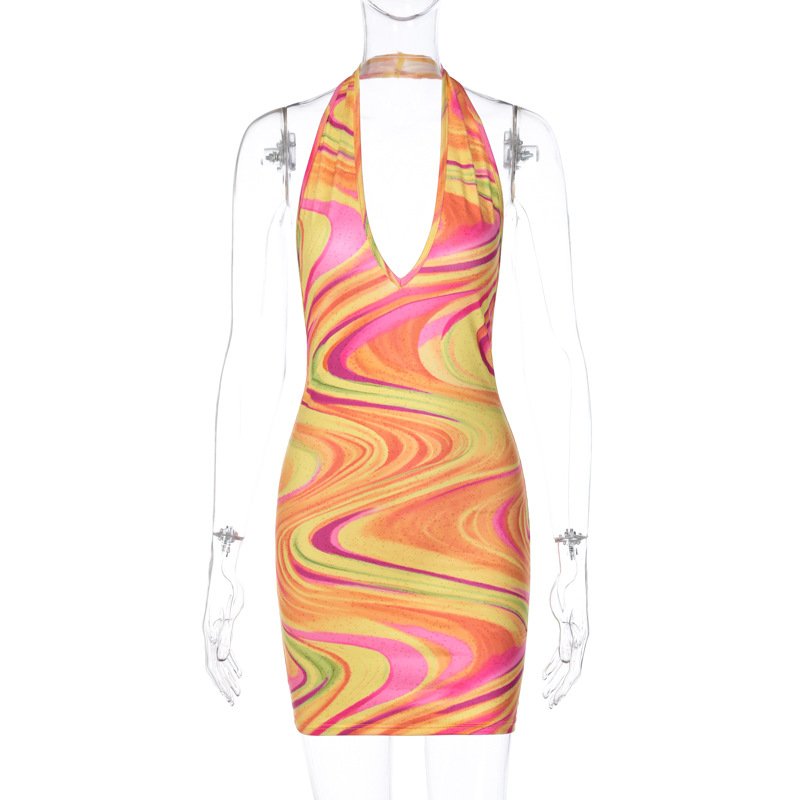 B27455 trendy sleeveless mini printed backless deep V neck bandage ladies dress