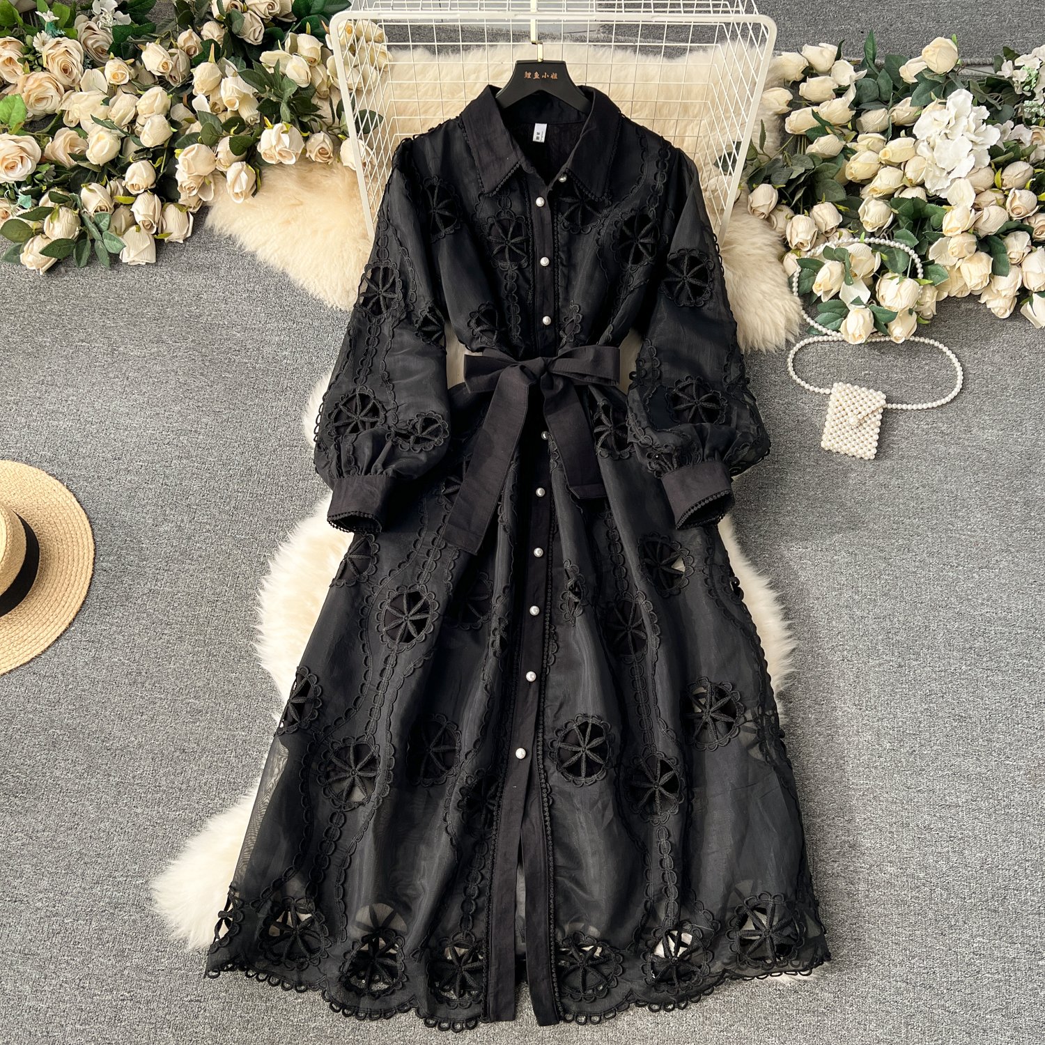 LE2356 Ladies Party Lace Hollow Midi Dress Female Heavy Industry Embroidery Hollow Flower Breasted Slim-Fit Puffed Sleeve Dress