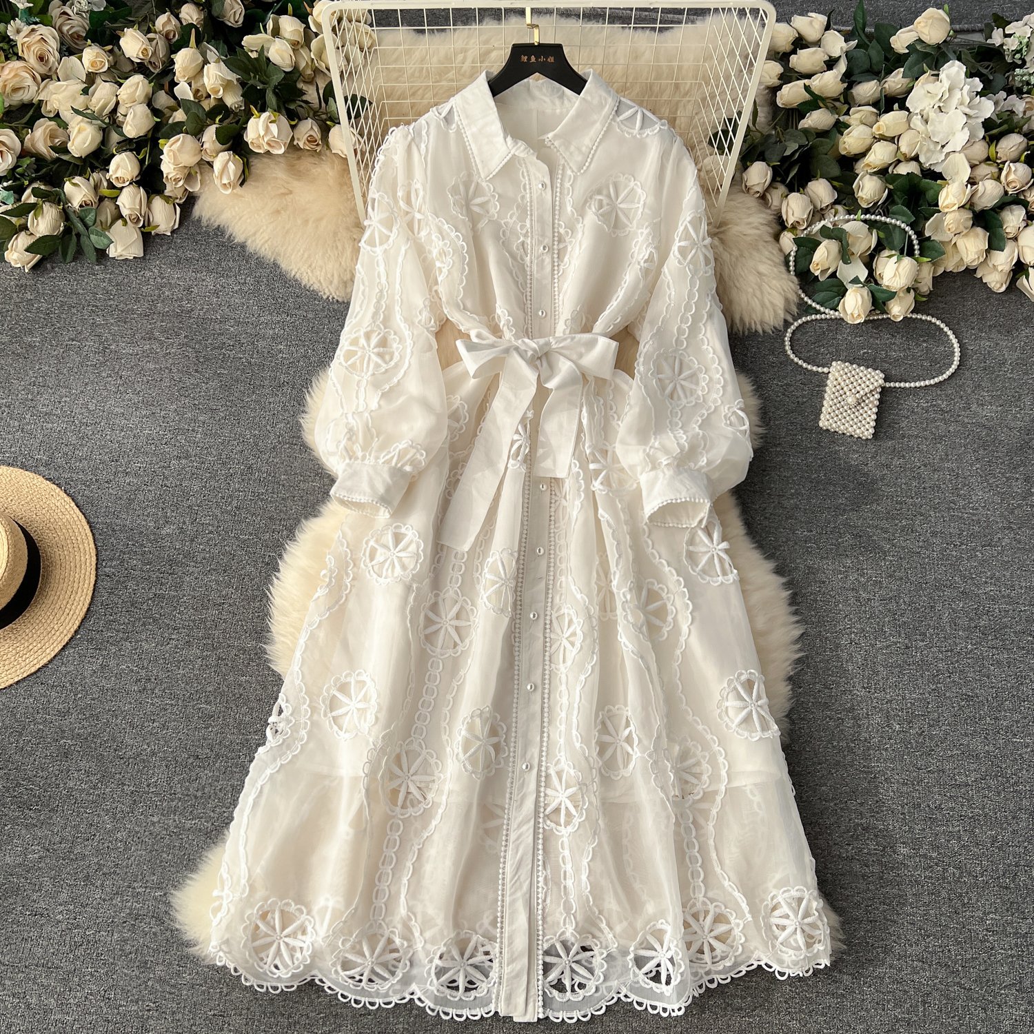 LE2356 Ladies Party Lace Hollow Midi Dress Female Heavy Industry Embroidery Hollow Flower Breasted Slim-Fit Puffed Sleeve Dress