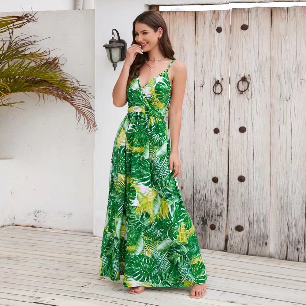 Factory Custom Women Casual Dresses Cover Up Long Beach Dress Printed Sexy V-neck Halter Dresses Women