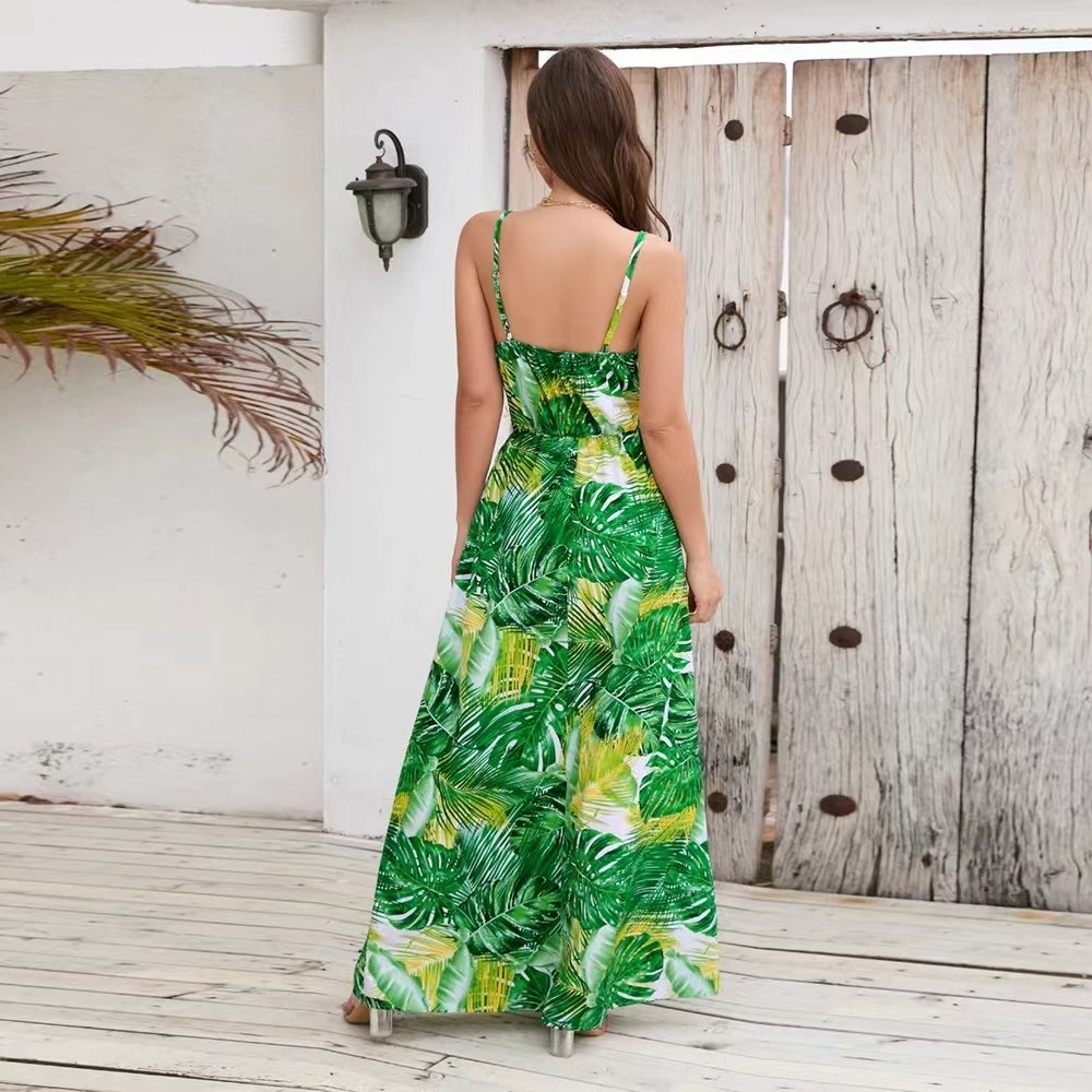 Factory Custom Women Casual Dresses Cover Up Long Beach Dress Printed Sexy V-neck Halter Dresses Women