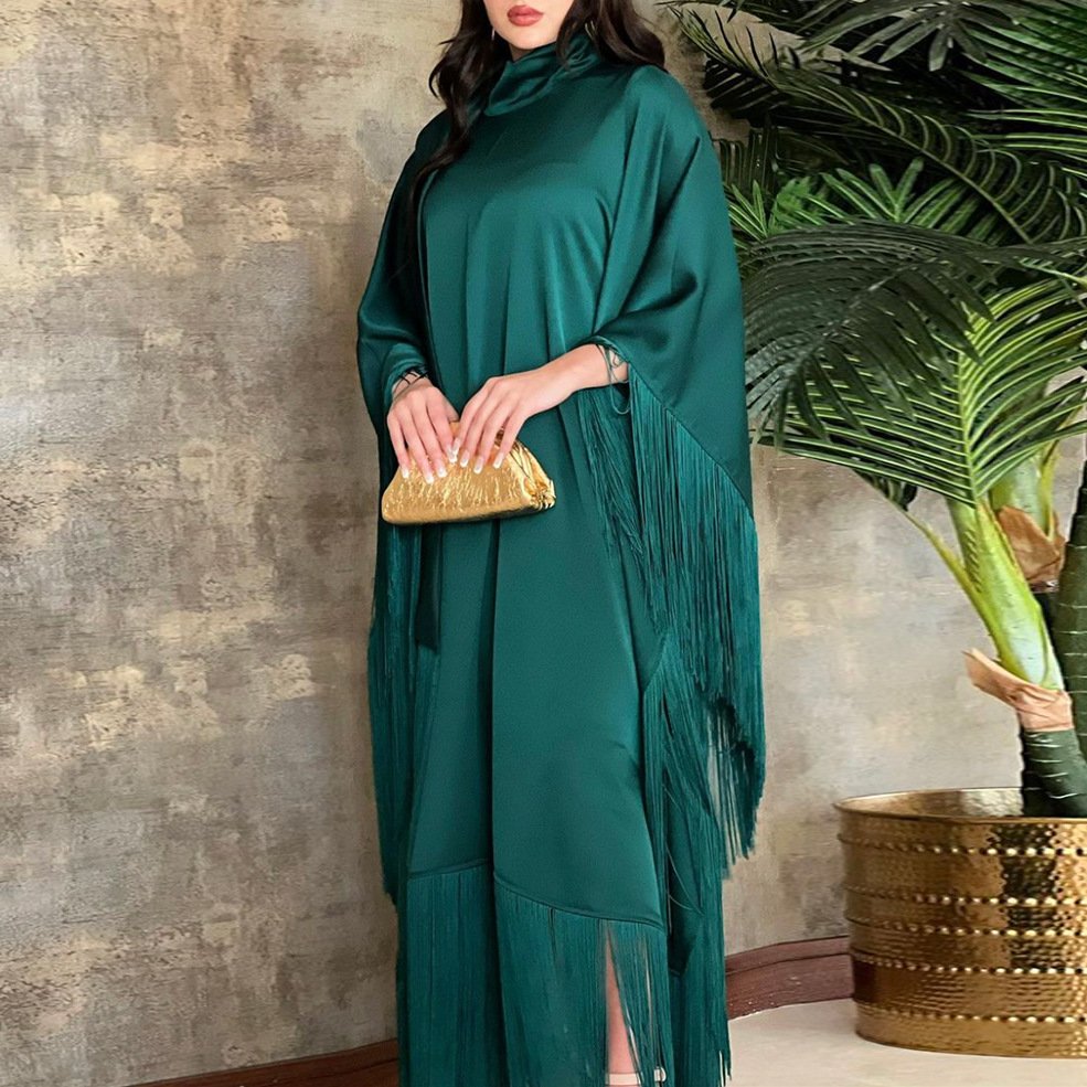 Dubai New Loose Bat Sleeve Clothing Dress Muslim Women Party Evening Dress Gown Arab Plain Robe Tassel Kaftan Ladies Abaya Dress