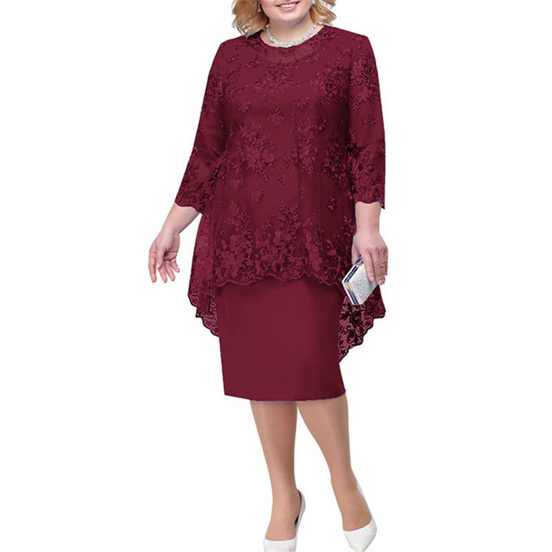 Summer Party Dresses O-neck High-waist Embroidery Lace 3/4 Sleeve Evening Midi Dress for Women 2023 Elegant Casual Dresses Print
