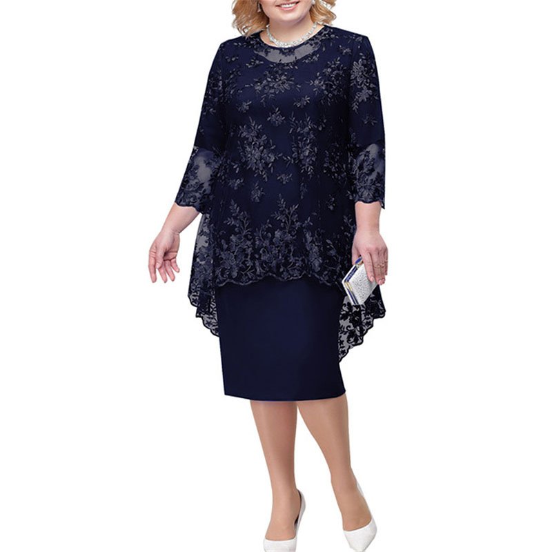 Summer Party Dresses O-neck High-waist Embroidery Lace 3/4 Sleeve Evening Midi Dress for Women 2023 Elegant Casual Dresses Print