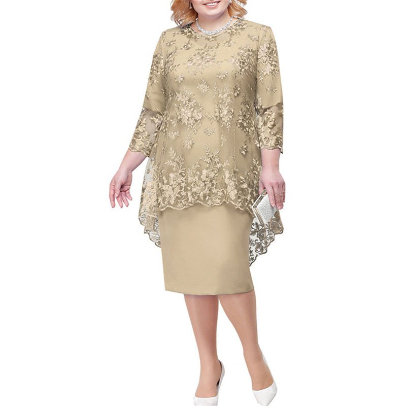 Summer Party Dresses O-neck High-waist Embroidery Lace 3/4 Sleeve Evening Midi Dress for Women 2023 Elegant Casual Dresses Print