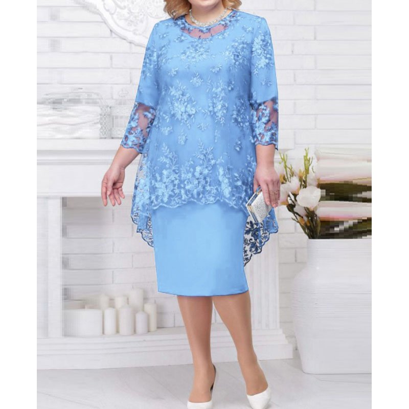 Summer Party Dresses O-neck High-waist Embroidery Lace 3/4 Sleeve Evening Midi Dress for Women 2023 Elegant Casual Dresses Print