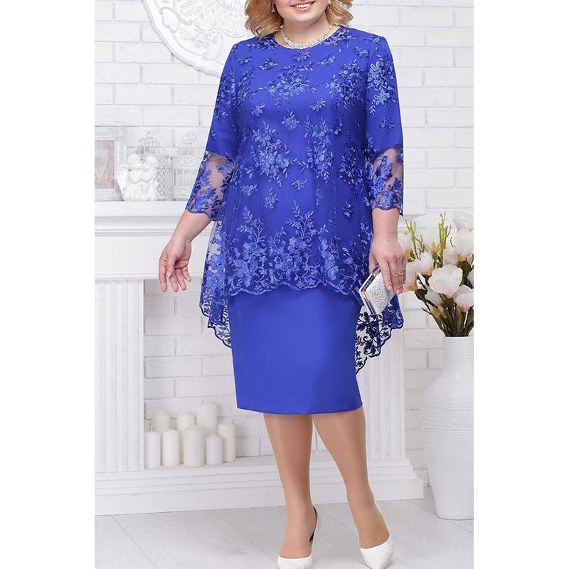 Summer Party Dresses O-neck High-waist Embroidery Lace 3/4 Sleeve Evening Midi Dress for Women 2023 Elegant Casual Dresses Print