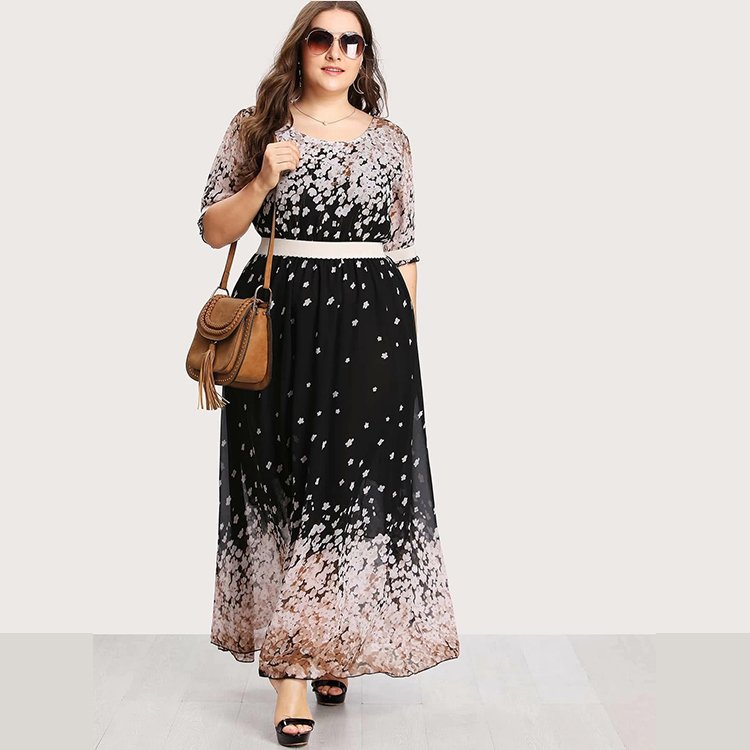 2022 Custom New Products Summer designer ladies floral printing chiffon plus size maxi dress