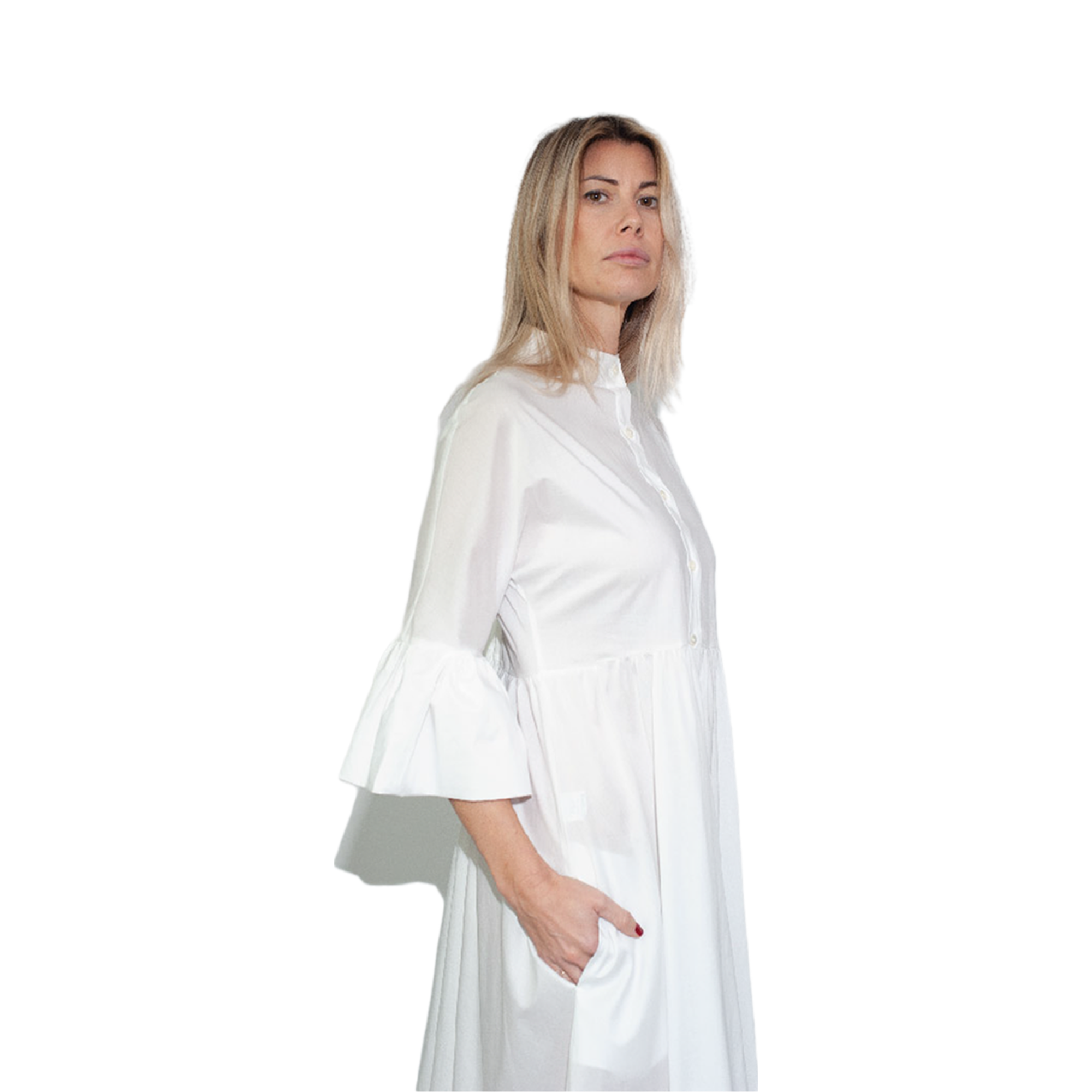 Romantic Italian hand-made, top-quality woman's long dress. Crafted from fine Italian fabrics, with side pockets and 3/4 sleeves