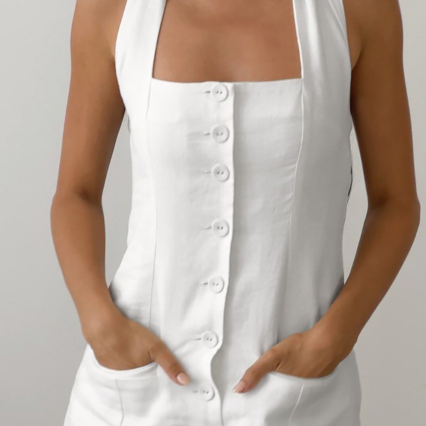 Enyami Custom Logo Brands Vintage Chic Holiday Sexy Halter Lace-up Buttons Cotton White Straight Casual Dress Women