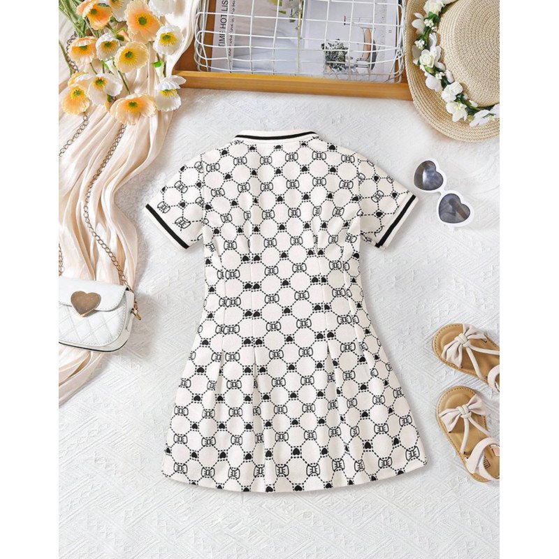 Fashion Design Spring Summer Trend Girls Full Print Temperament Slim Short Sleeve Polo Neck Dress