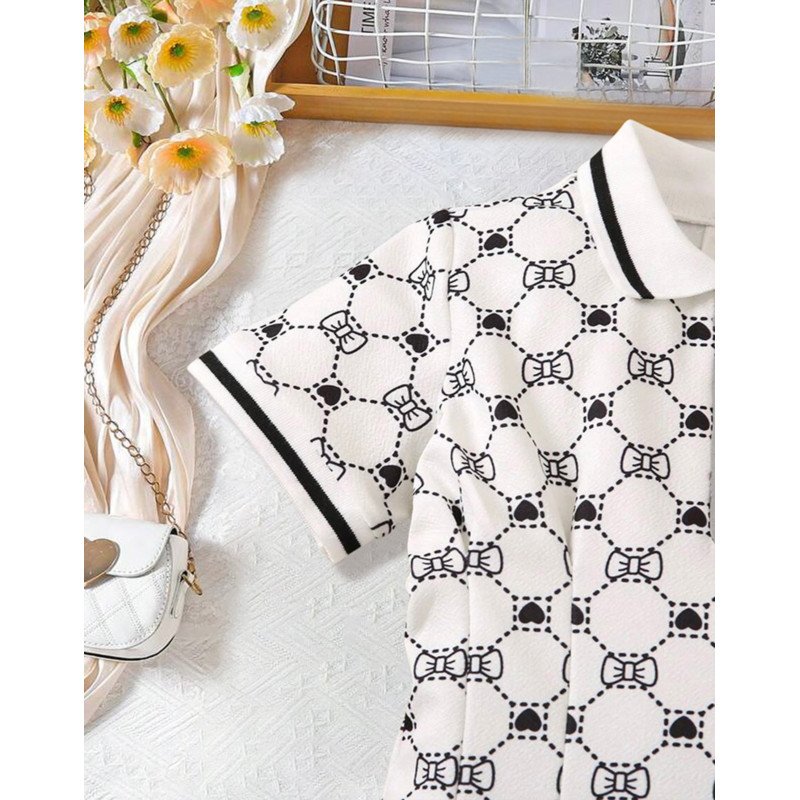 Fashion Design Spring Summer Trend Girls Full Print Temperament Slim Short Sleeve Polo Neck Dress