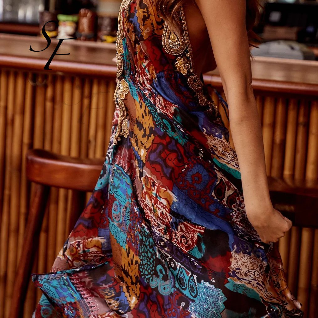 Custom High Quality Casual Spring Summer Printed Women's Dress Ethnic Sleeveless Patchwork Long Women Maxi Casual Dresses