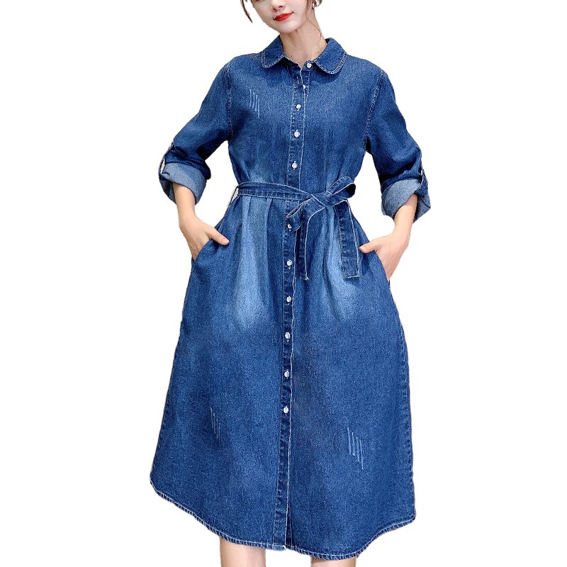 Autumn new style denim wash with belt side pocket Long Sleeve Shirt Dress