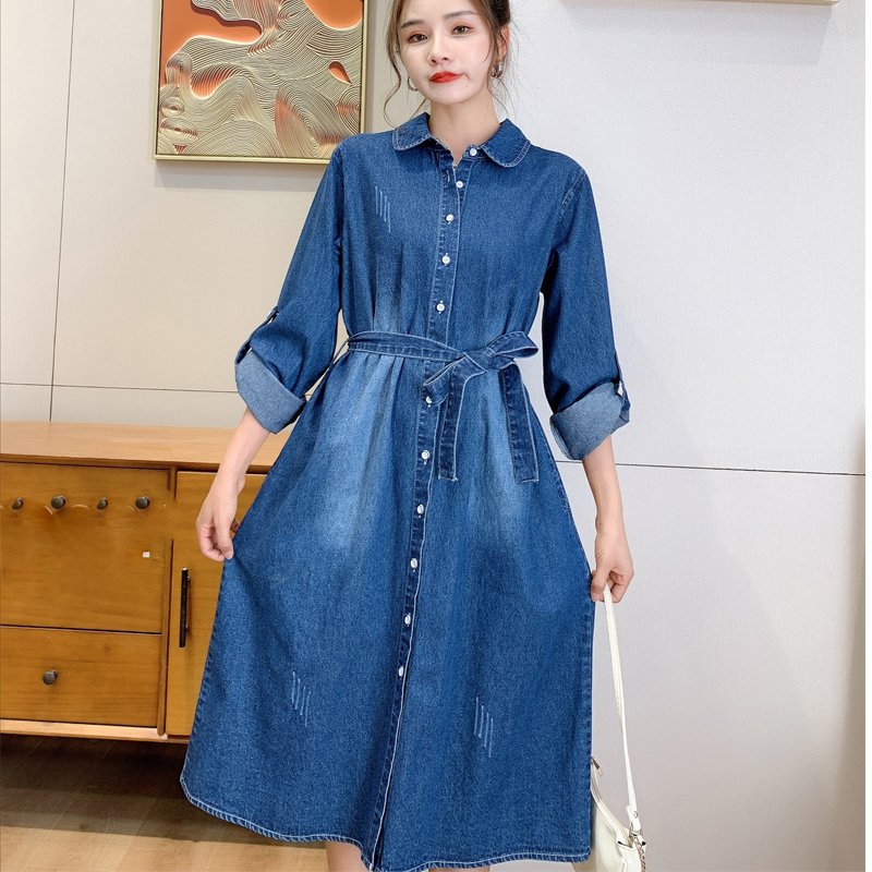 Autumn new style denim wash with belt side pocket Long Sleeve Shirt Dress