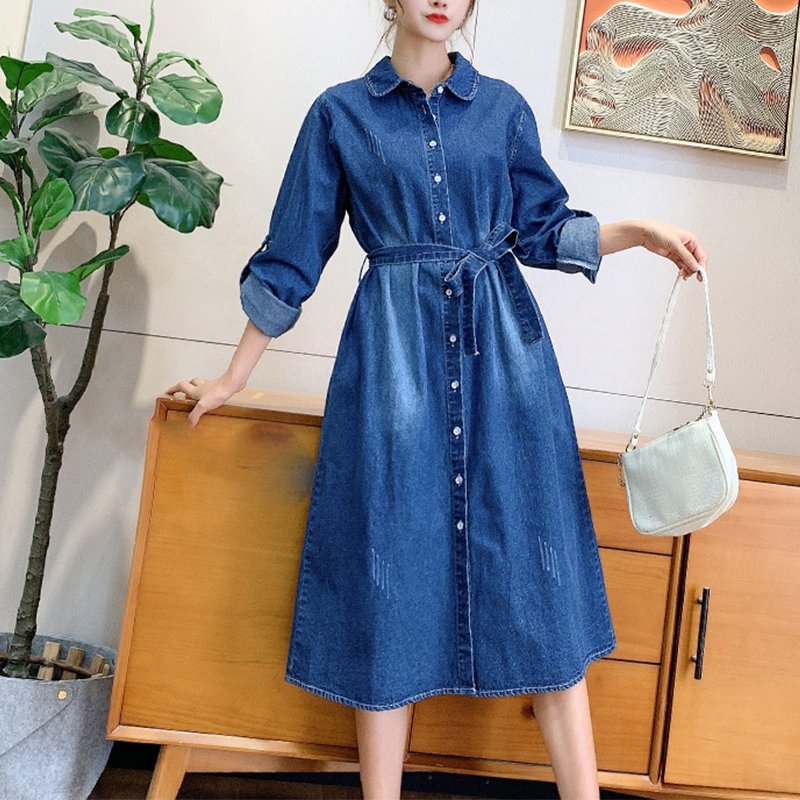 Autumn new style denim wash with belt side pocket Long Sleeve Shirt Dress