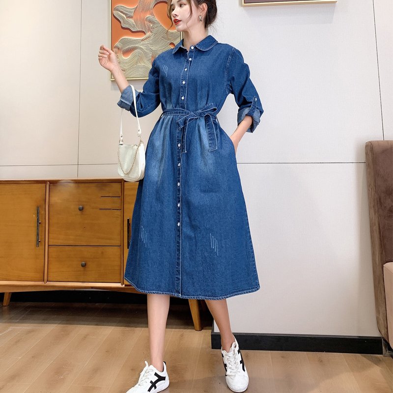 Autumn new style denim wash with belt side pocket Long Sleeve Shirt Dress