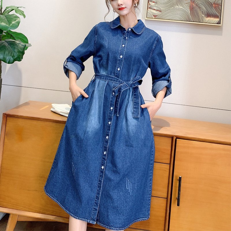 Autumn new style denim wash with belt side pocket Long Sleeve Shirt Dress