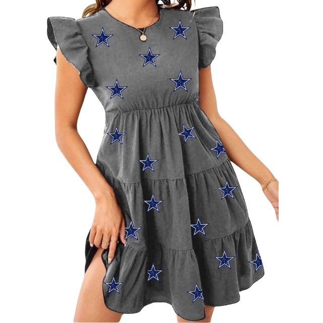 New Design Women's Cotton Game Day Dress Crewneck Short Ruffle Sleeves Sequin Motifs Women Dress