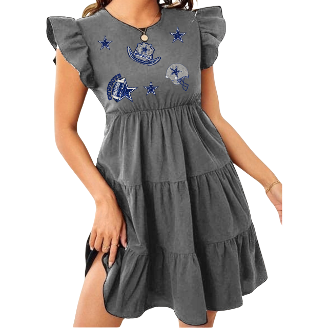 New Design Women's Cotton Game Day Dress Crewneck Short Ruffle Sleeves Sequin Motifs Women Dress