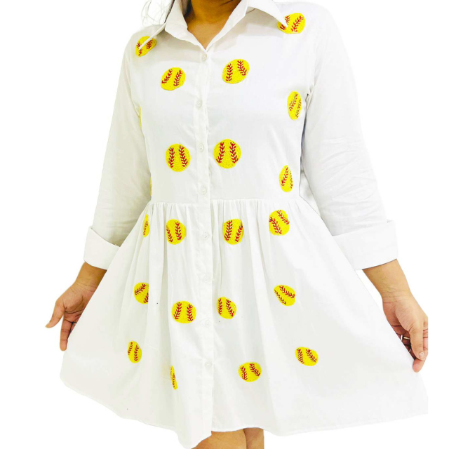 New Design Women's Cotton Game Day Dress Crewneck Short Ruffle Sleeves Sequin Motifs Women Dress