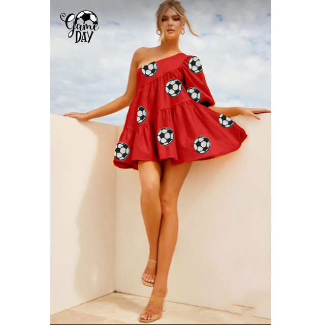 New Design Women's Cotton Game Day Dress Crewneck Short Ruffle Sleeves Sequin Motifs Women Dress