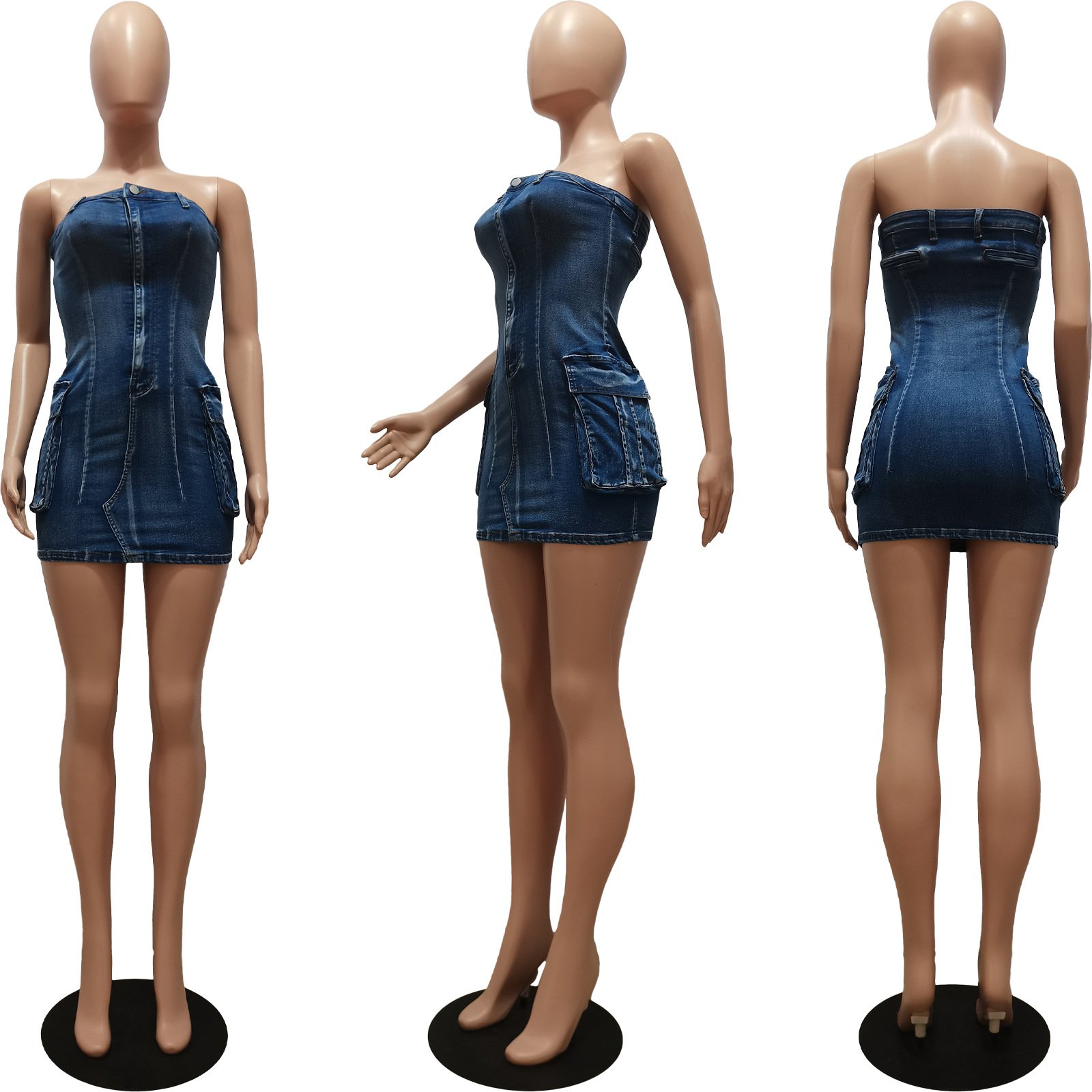 Fashion Sexy Sleeveless Bodycon One Piece Jean Skirts Vest Mini Washed Denim Pocket Cargo Dress Women'S Skirts Casual Dresses